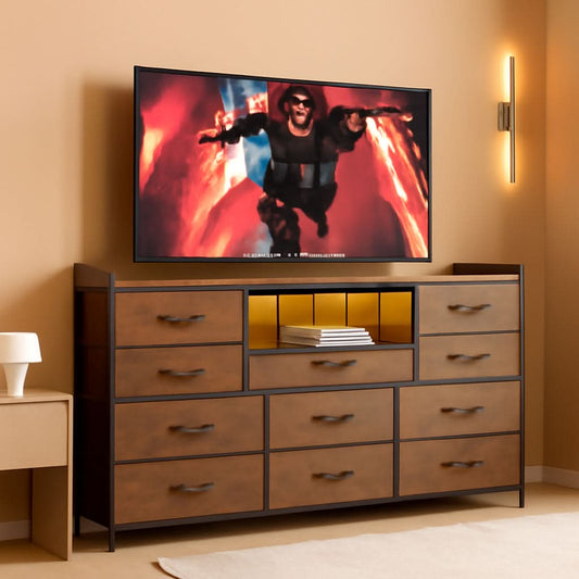 Dresser With 11 Drawers And LED Lights For Bedroom