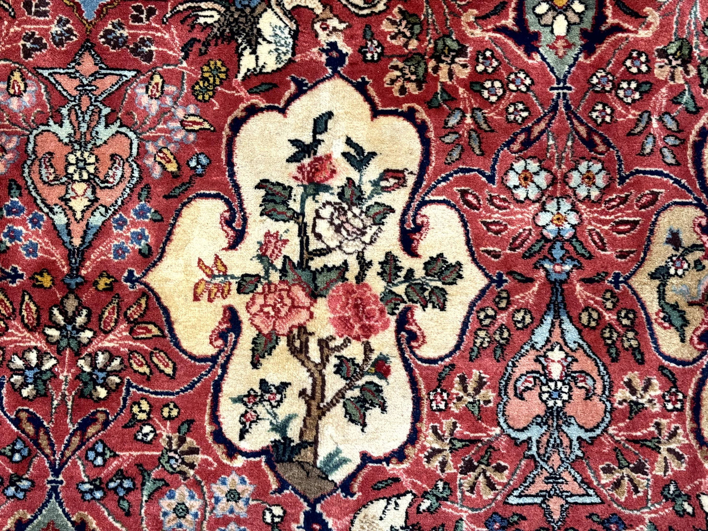 Antique Tabriz Persian Rug 7x10, Red Cream Tan, Unique Design, Fine 270 KPSI, Birds, Floral