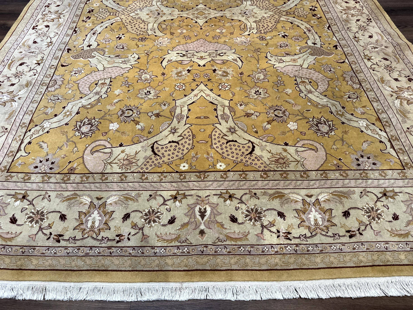 Sino Persian Rug 8x11, Wool with Silk Highlights, Unique Colors, Gold and Light Green, Fine 240 KPSI