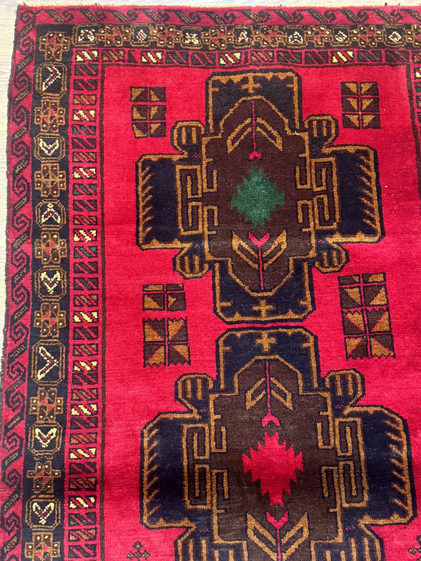 Red Afghan Balouch Rug 4x7, Triple Medallions, Handmade, New
