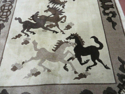 4' X 6' Modern Tibetan Nepal Art Deco Chinese Hand Knotted Wool Rug Horses Nice
