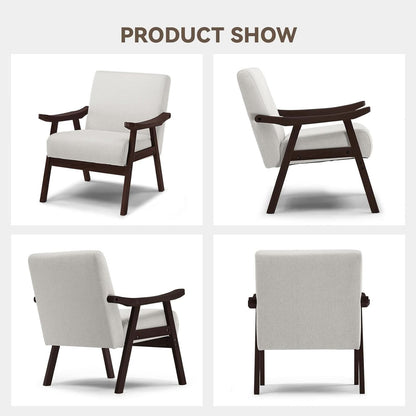 Beige Upholstered Modern Midcentury Solid Wood Armchair With Cushions