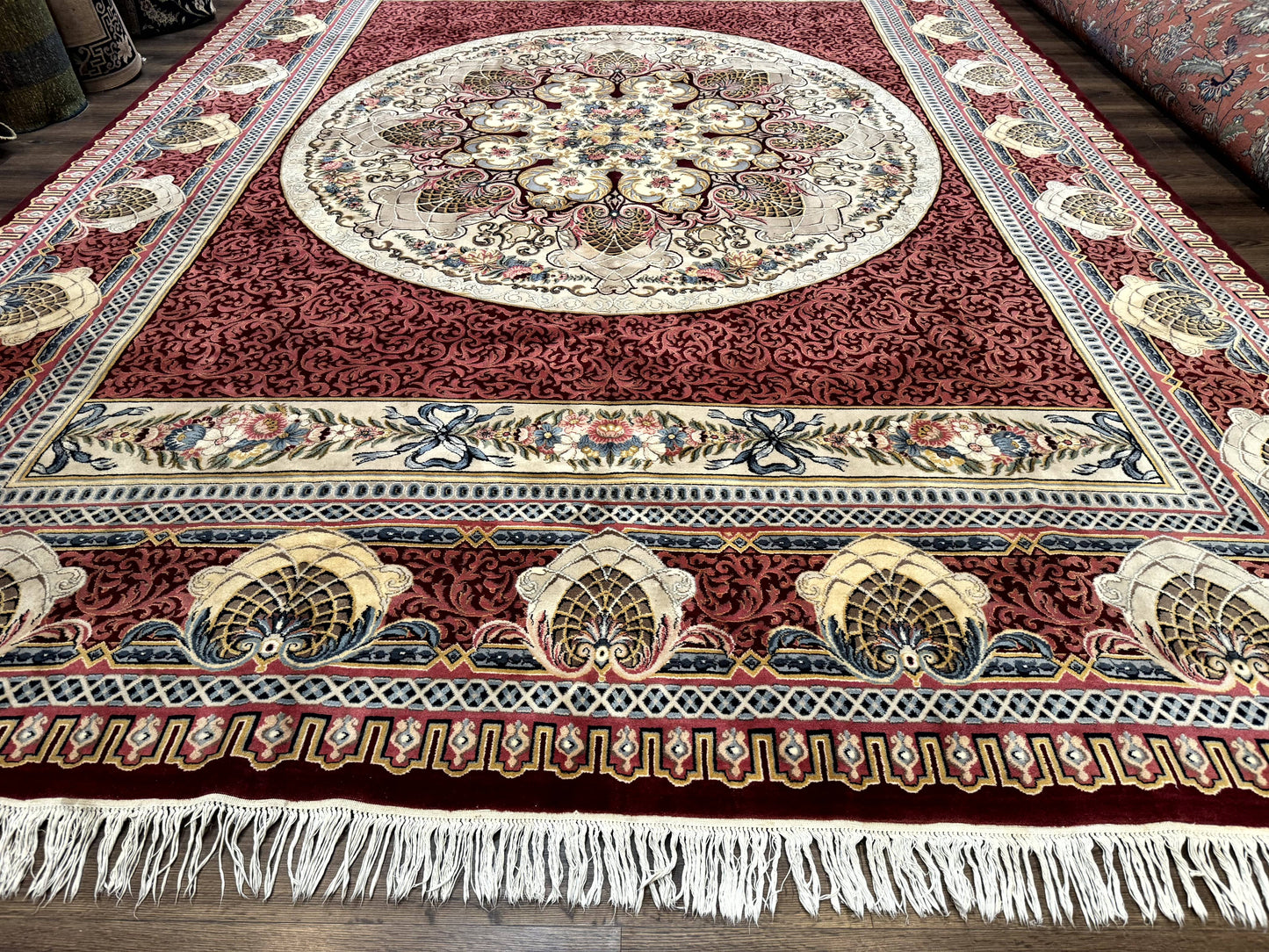 Wonderful Aubusson Rug 10x14, Red Maroon, Elegant, Fine 200 KPSI