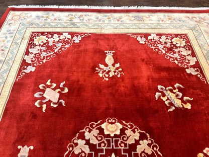 Chinese Wool Rug 8.6 x 11, Red and Beige Asian Oriental Carpet, Plush Pile, Vintage Handmade Chinese Carving Sculpted Rug, Semi Open Field