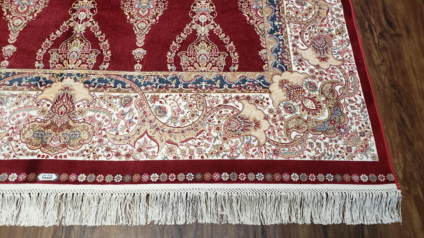 Dark Red Silk Carpet 5.3 x 7.6 ft, 5x8 Silk Rug, New Turkish Silk Carpet, Mint Condition, Beige & Red Area Rug, Bamboo Silk, High Quality