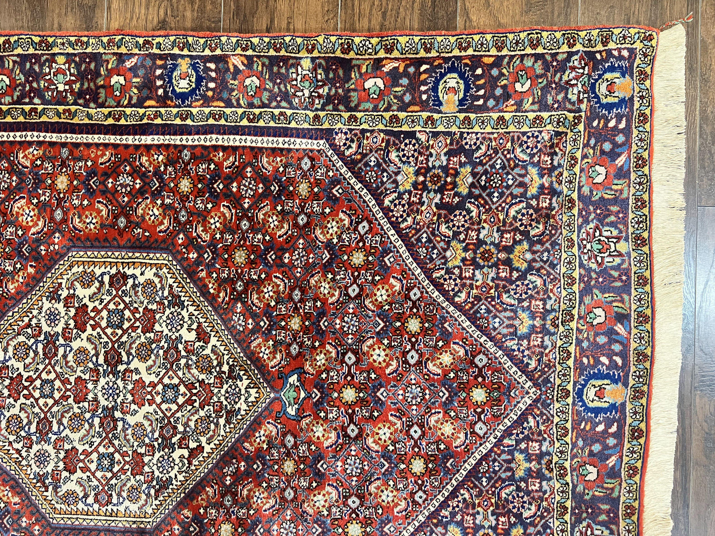 Persian Bidjar Rug 4x6, Handmade Oriental Carpet, Fine Weave, Herati Mahi Pattern, Vintage, Red, 300 KPSI