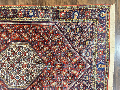 Persian Bidjar Rug 4x6, Handmade Oriental Carpet, Fine Weave, Herati Mahi Pattern, Vintage, Red, 300 KPSI