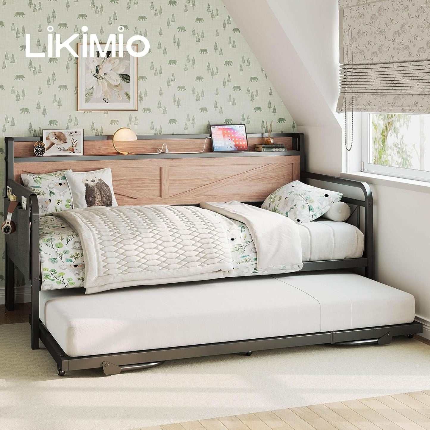 Twin Daybed With Trundle And Charging Station In Natural Wood