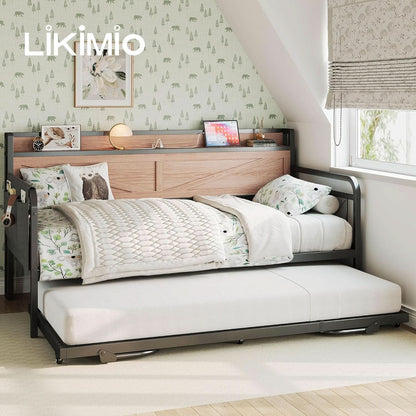 Twin Daybed With Trundle And Charging Station In Natural Wood