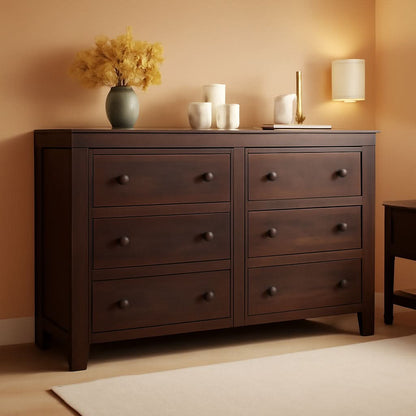 Brown Farmhouse 53 Inch 6 Drawer Dresser Rustic Handles