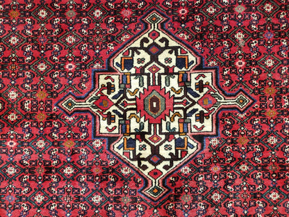 Vintage Persian Hamedan Rug 7x10, Angelas Mahi Pattern, Red, Wool, Hand-Knotted