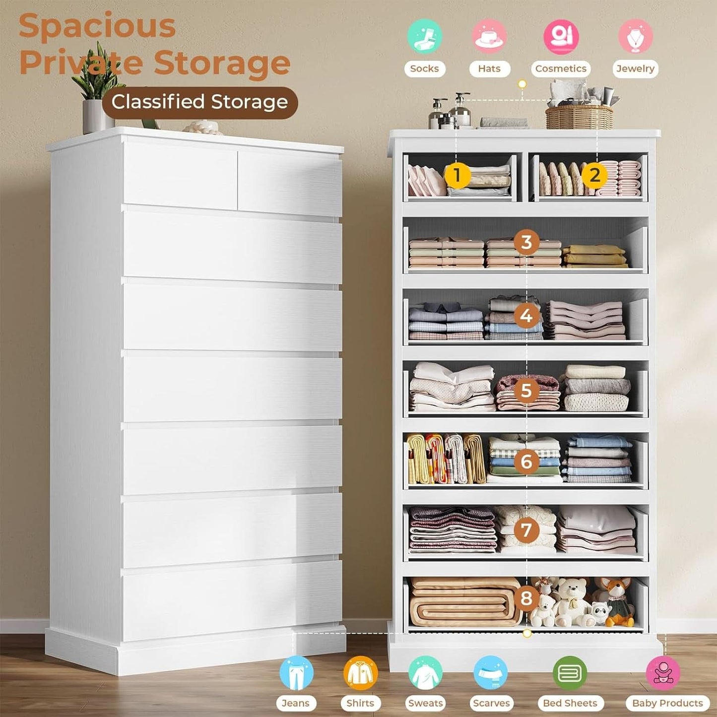 White Tall Dresser With 8 Drawers 59.7 Inch Vertical Bedroom Storage