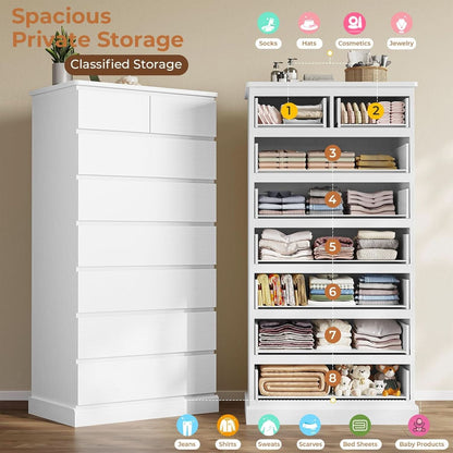 White Tall Dresser With 8 Drawers 59.7 Inch Vertical Bedroom Storage