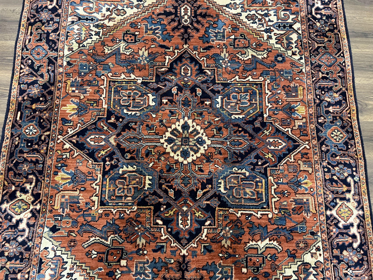 Heriz Rug 5.6 x 8, Geometric Medallion, Wool Oriental Carpet, Tribal Boho Rug, Red Navy Blue Cream, Belgium Power Loomed Rug, Medium Sized