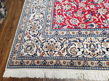 Persian Nain Rug 8x12, Red and Ivory, Signed