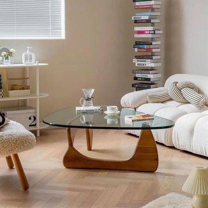 Walnut Clear Glass Oval Coffee Table Diameter 32.68 Inch