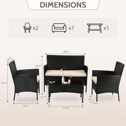 Outdoor Rattan 4 Piece Patio Furniture Conversation Set