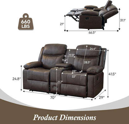Brown PU Leather Two Seater Loveseat Recliner With Console And Double Reclining