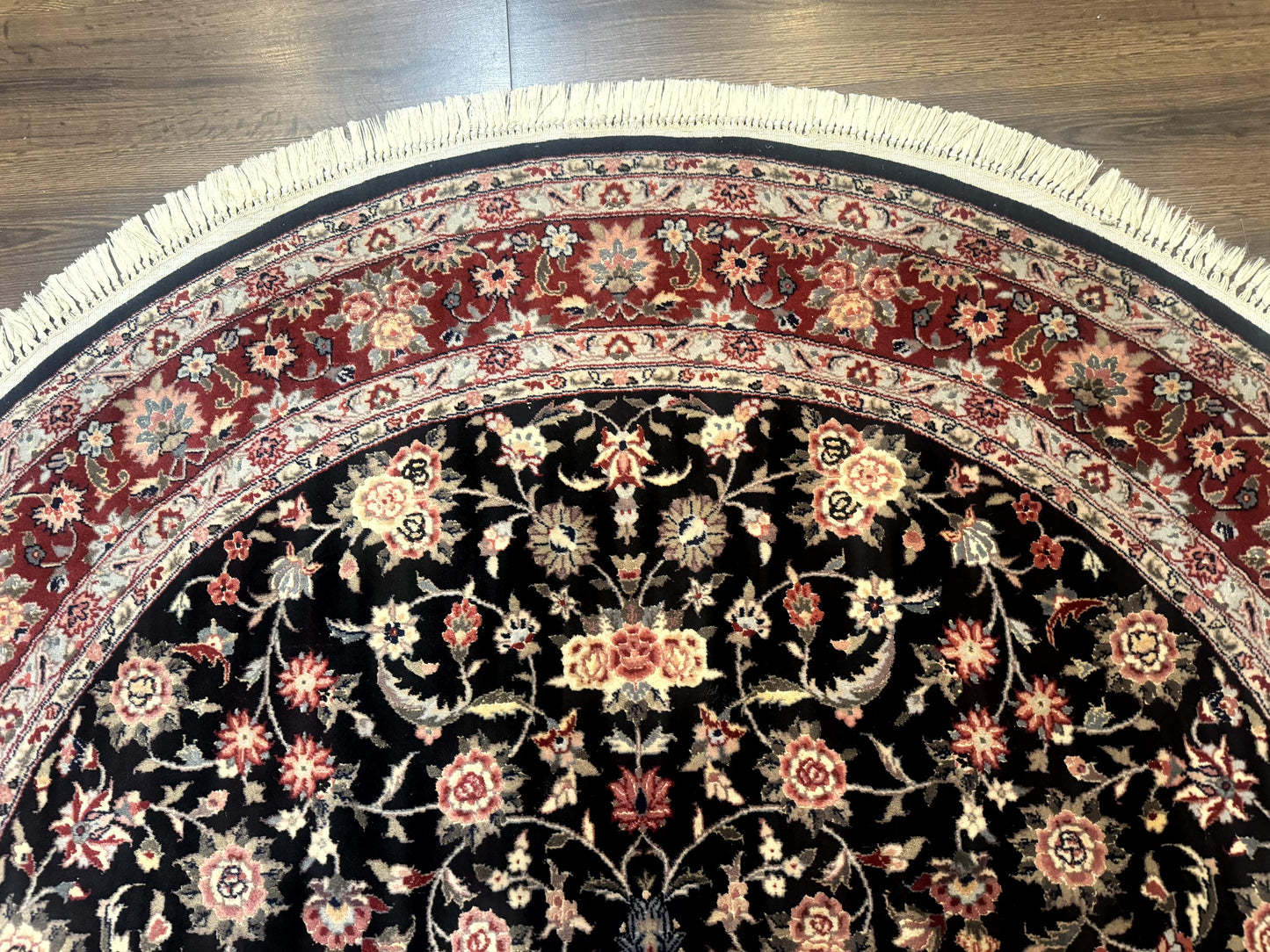 Round Sino Persian Rug 6x6, Floral, Navy Blue and Red, Wool and Silk Highlights