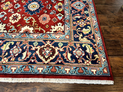 Indo Heriz Rug 8x10, Red and Navy Blue, Allover Pattern, Wool Handmade Carpet