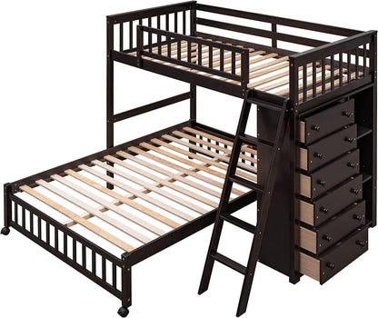Espresso Twin Over Full Bunk Bed With Six Drawers Shelves