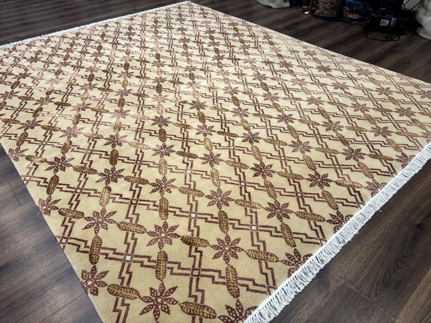 Tibetan Rug 8x10, Wool with Silk Highlights, Beige and Maroon, Contemporary Carpet