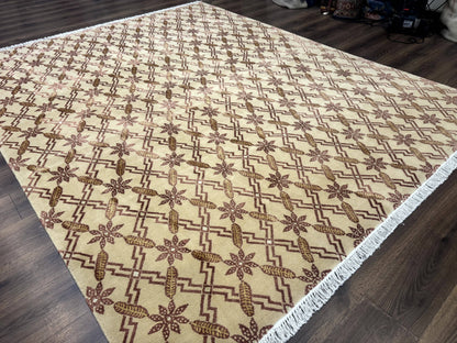 Tibetan Rug 8x10, Wool with Silk Highlights, Beige and Maroon, Contemporary Carpet