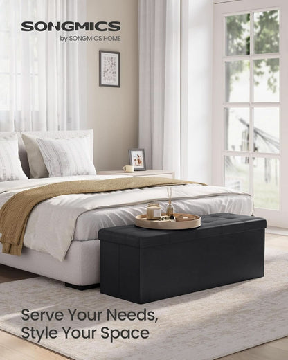 43 Inch Folding Storage Ottoman Black Synthetic Leather