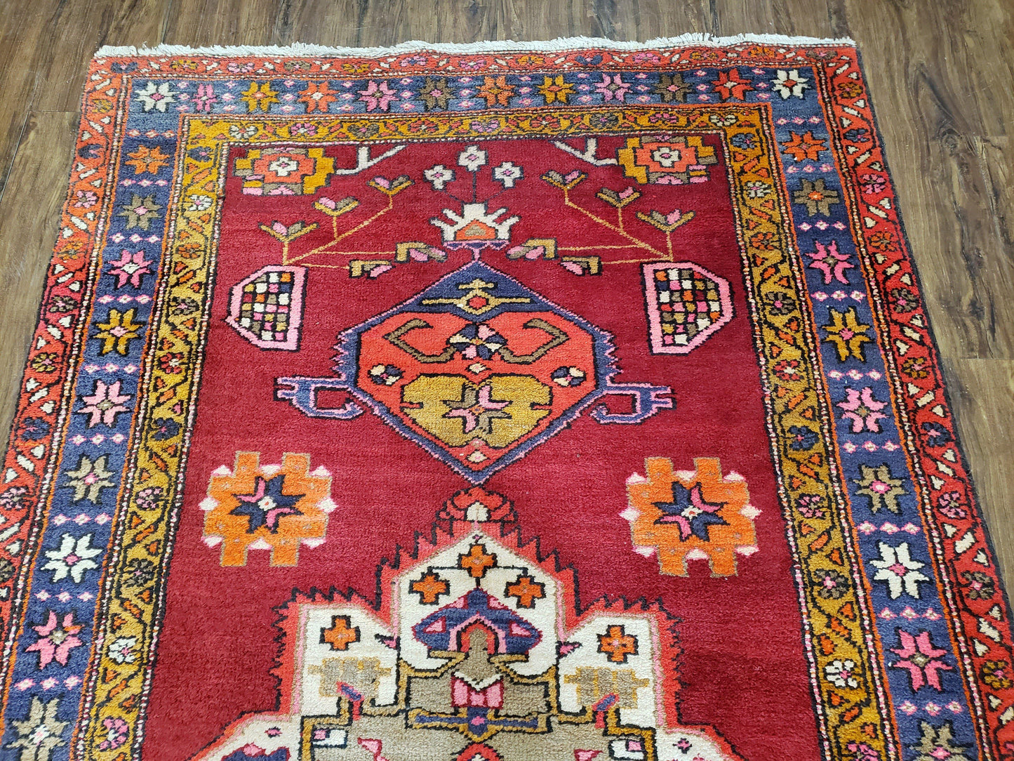Antique Persian Karajeh Runner Rug 4.4 x 11 ft, Red Colorful Geometric Medallion Runner
