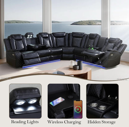 Power Recliner Sectional Sofa Set In Black With Led Lights