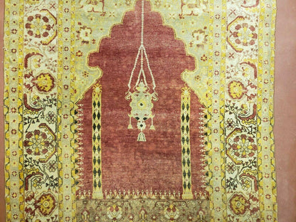 4' 5" X 7' Antique HandmadeTurkish Prayer Melas Oushak Wool Rug Mehrab Nice