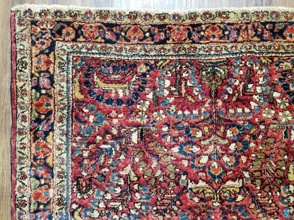 Antique Persian Sarouk Rug, Red, Allover Floral Pattern, Hand-Knotted, Wool, 3'4" x 4'10"