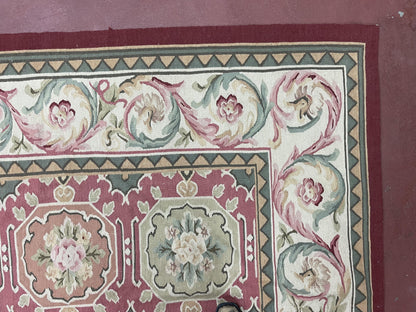 9x9 Square Rug Hand Knotted, Needlepoint Aubusson Carpet, Blush Red, Beige, Green, New, Mint Condition Area Rug, English European Design