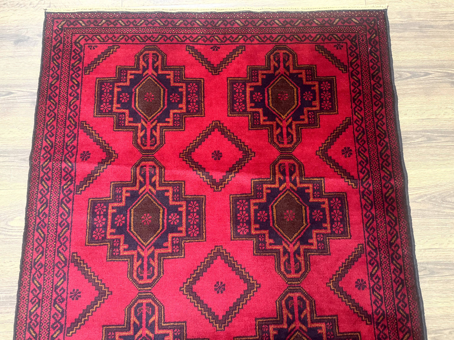 Afghan Rug 4x7, Tribal Carpet, Balouch Rug, Red and Navy Blue, Repeated Medallions, New