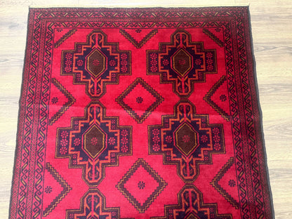 Afghan Rug 4x7, Tribal Carpet, Balouch Rug, Red and Navy Blue, Repeated Medallions, New
