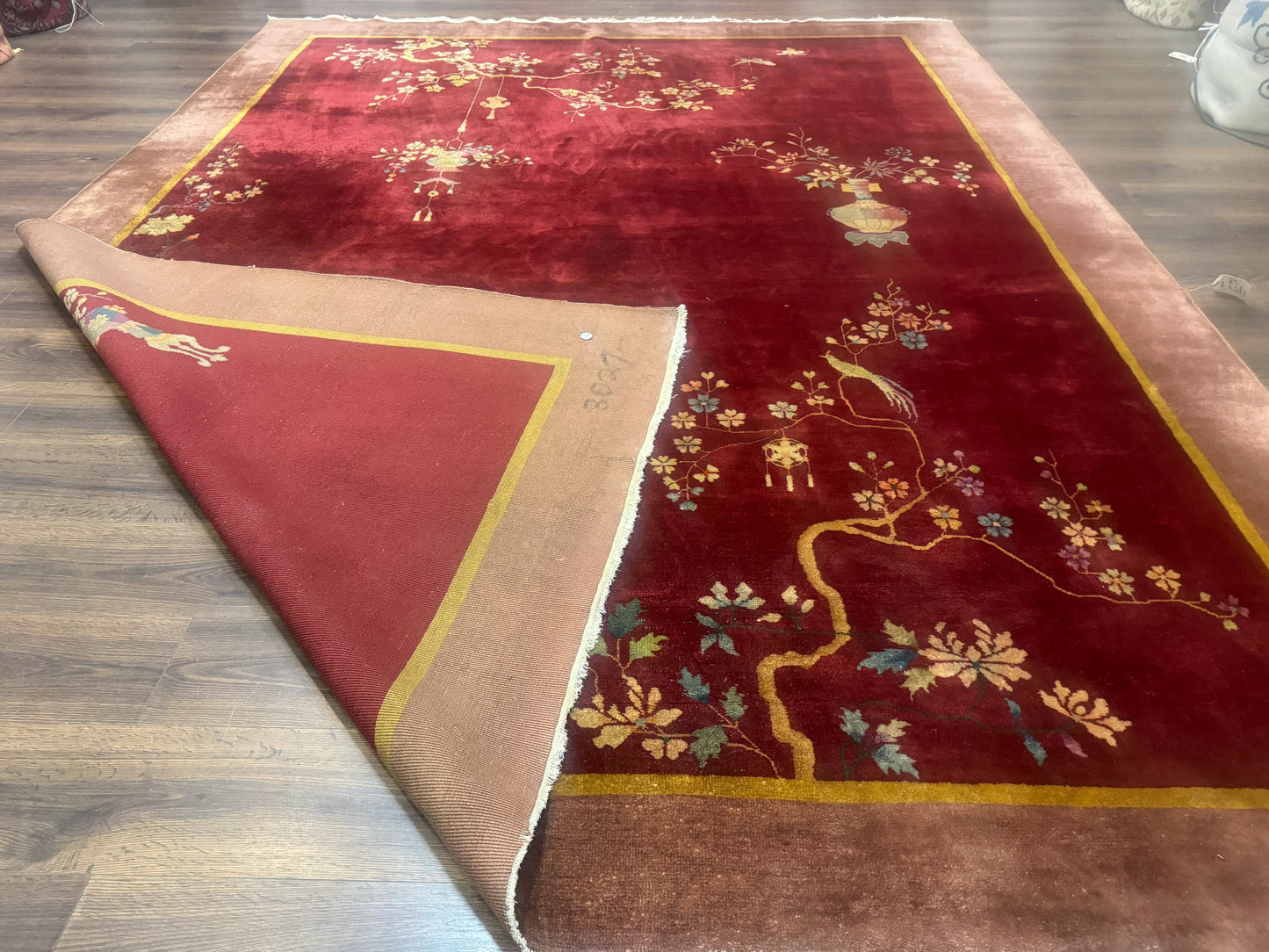 Red Chinese Art Deco Rug 9x11, Simple Design, Wool Chinese Area Rug, Antique