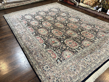 Sino Persian Rug 9x12, Navy Blue and Pink Hand Knotted Wool and Silk Highlights Vintage Oriental Carpet, Handmade Floral Area Rug 9 x 12 ft