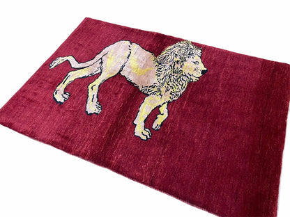 3 X 5 Handmade New Vintage Rug Quality Wool Lion Red Veggy Dyes Hand-Knotted