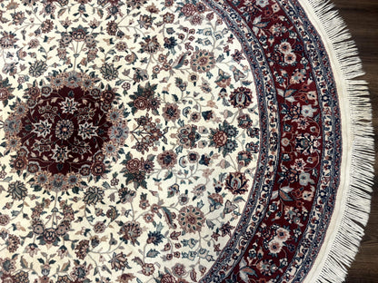 Round Sino Persian Rug 8x8, Wool and Silk, Floral Medallion, Ivory Dark Red