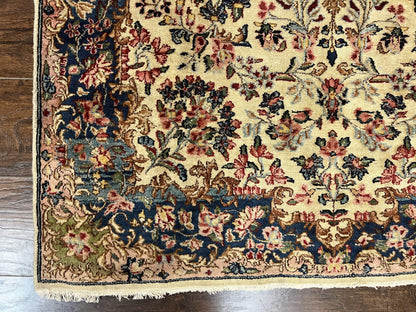 Antique Persian Kirman Rug 4x7, Cream and Navy Blue, Hand Knotted Wool Floral Carpet