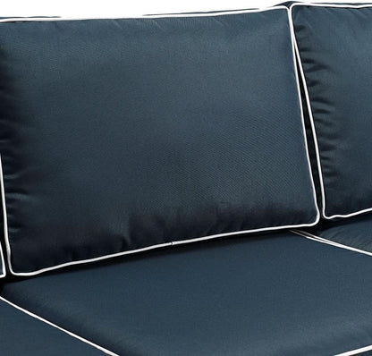 Brown Wicker Outdoor Sofa with Navy Cushions for Comfort