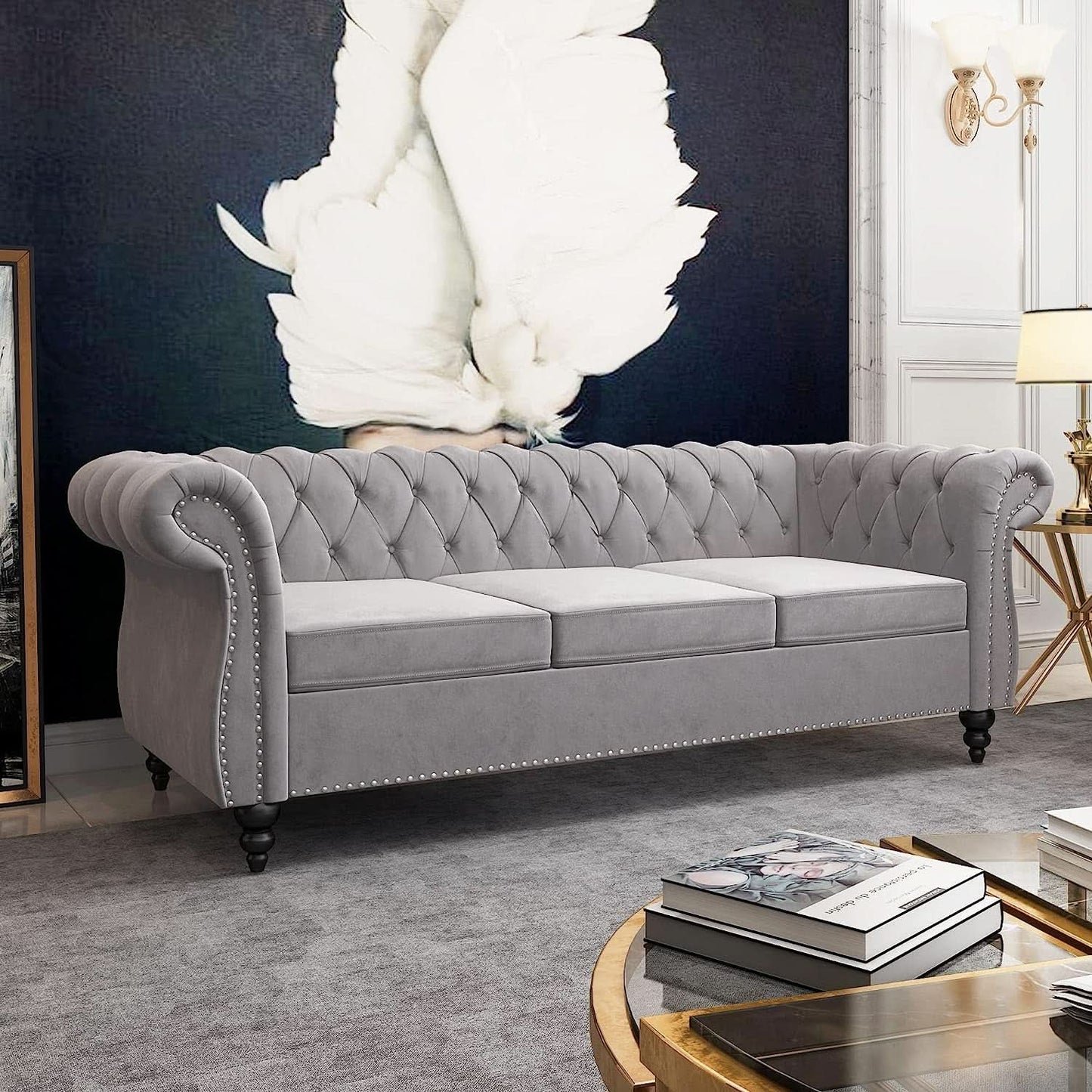 3 Piece Velvet Living Room Set Sectional Chesterfield Sofa Upholstered Loveseat And Chair