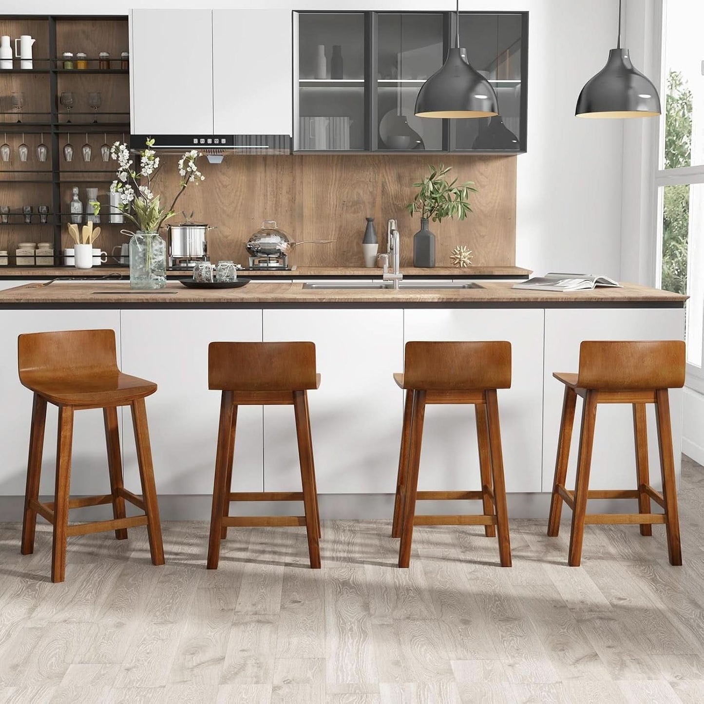 24.5 Inch Counter Height Farmhouse Wooden Bar Stool Set Of 2 With Brown Footrest And Low Back