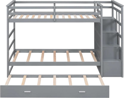 Natural Gray Twin Bunk Bed With Trundle And Stairs