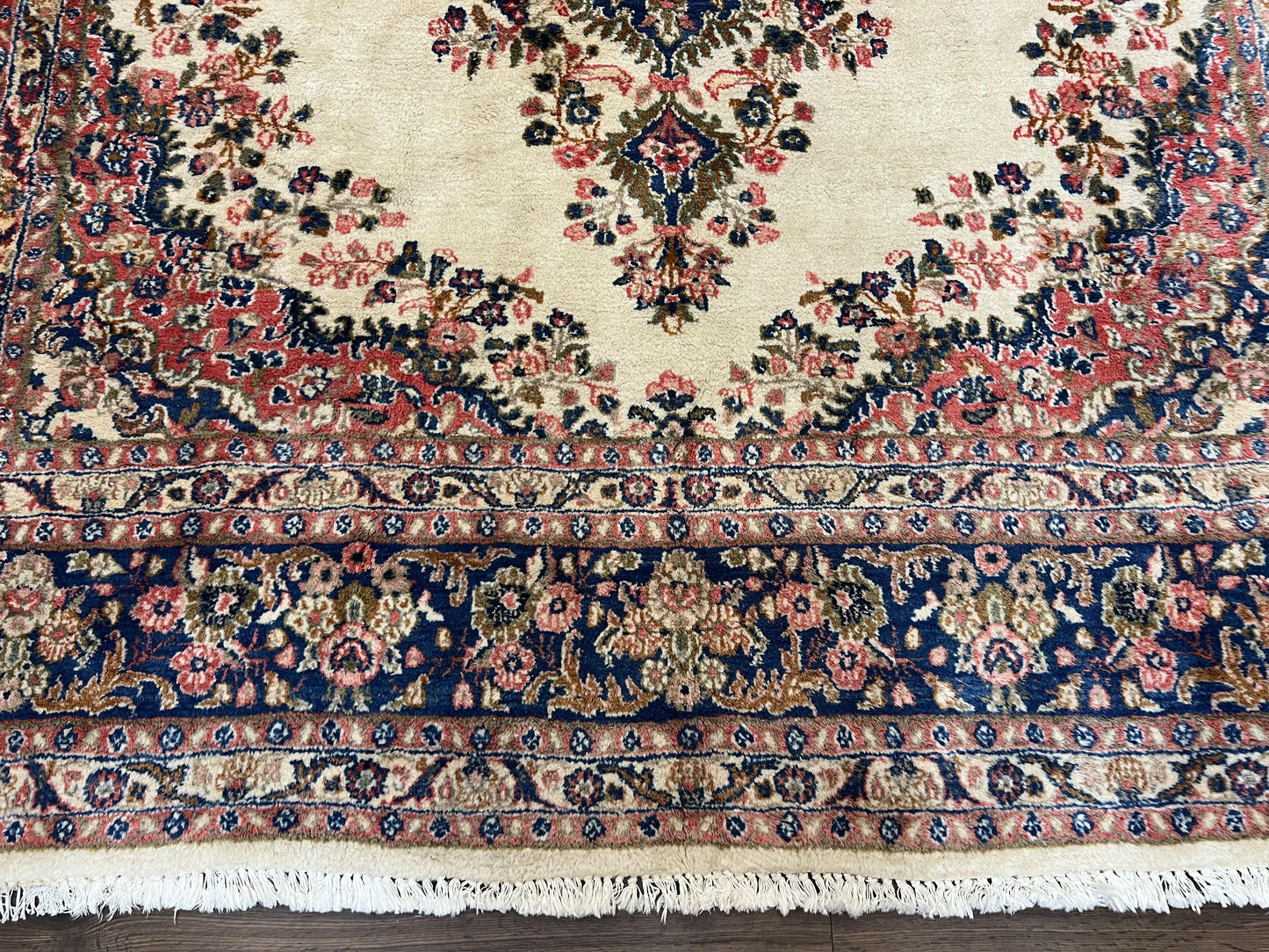 Persian Rug 9x10, Hamadan Rug, Antique Oriental Carpet, Wool Rug, Semi Open Field, Cream and Navy Blue, Kirman Design Hand Knotted Almost Square Rug