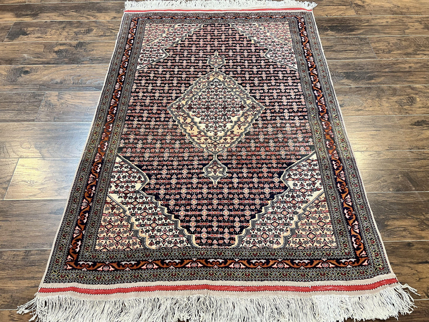 Afghan Rug 4x5, Wool with Silk Highlights, Very Fine Hand Knotted Vintage Oriental Carpet, Herati Pattern, Persian Rug, Bidjar Rug, 400 KPSI