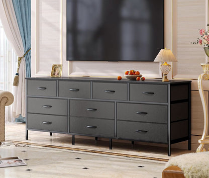 63 Inch TV Stand Dresser With 10 Fabric Drawers Black