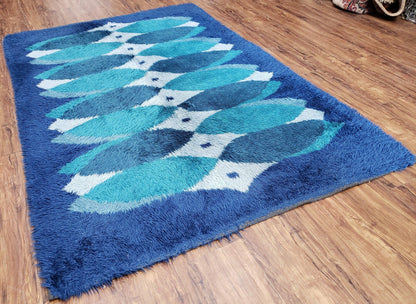 Blue Rya Rug, 1960s Mid-Century Danish Shag Rug 4'6" x 6'7", Ege Rya Modern Carpet, Cyan DeLuxe Rya Shag Rug, Vintage Area Rug 4x6, 5x7 Rug