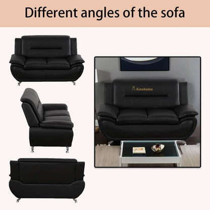 Black 5 Seat Faux Leather Sectional Sofa Set For Living Room