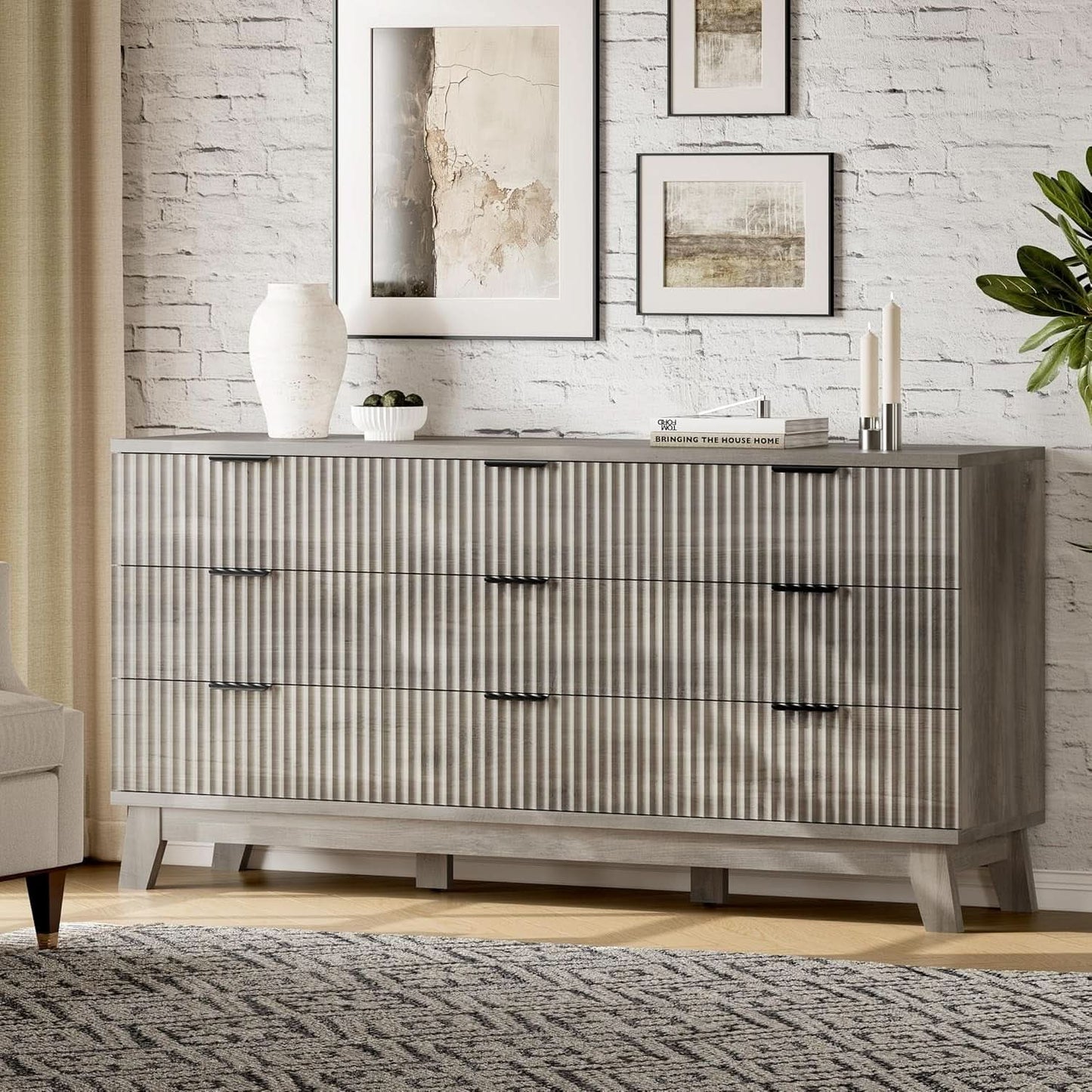 63 Inch Dresser Charcoal Grey Finish With Wave Fluted Panel And 9 Drawers